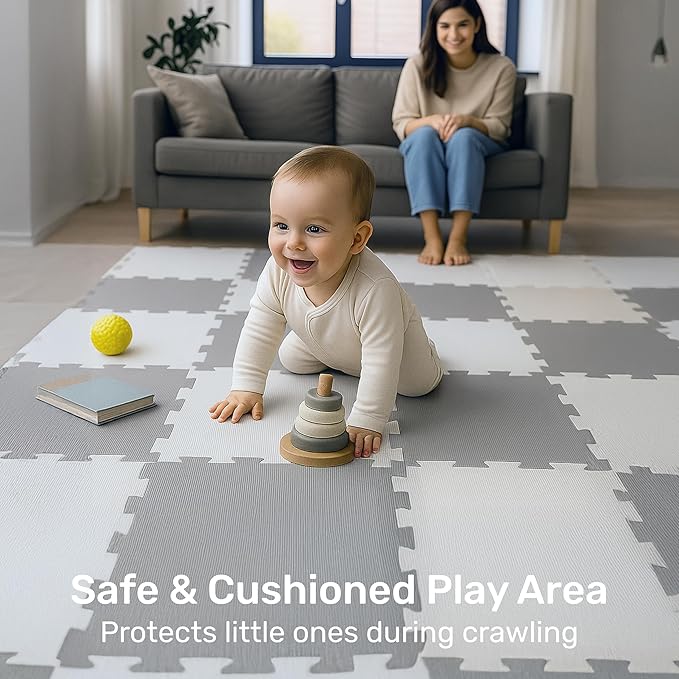 Enovoe Soft Baby Play Mat - Non-Toxic, Interlocking EVA Foam Tiles, 16 Pieces - Safe, Cushioned Floor Play Area for Kids, Infants & Toddlers - Ideal for Playrooms, Nurseries, and Home Gyms (12" x 12")
