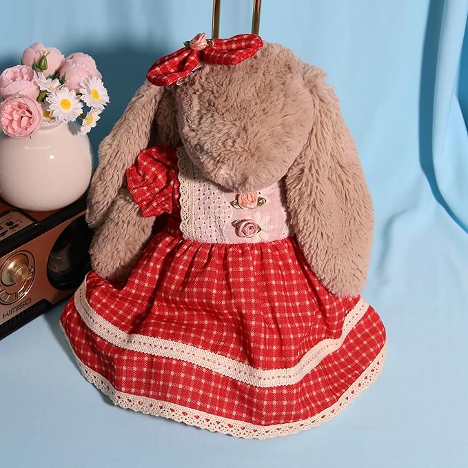 31cm(12") Bashful Bunny Clothes, Cute Plush Animal Clothes for Meddium Teddy Bear - Red Grid Bubble Sleeve Dress & Bow Clip Set (Clothes Only)
