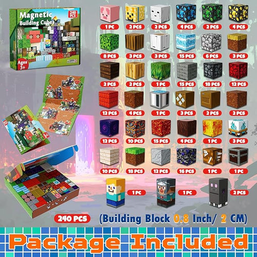 240 PCS Magnetic Blocks - Magnetic Building Block for Kids Ages 4-8, Magnet Blocks Cubes Constructions Toys for 3 4 5 6 7 8 9 10 12 Years Old Boy Girl, STEM Educational Stacking Holiday Birthday Gift