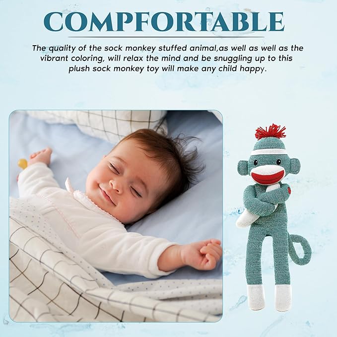Adorable Sock Monkey, The Original Traditional Hand Knitted Stuffed Animal Toy Gift-for Kids, Babies, Teens, Girls and Boys Baby Doll Present Puppet (20" Green)