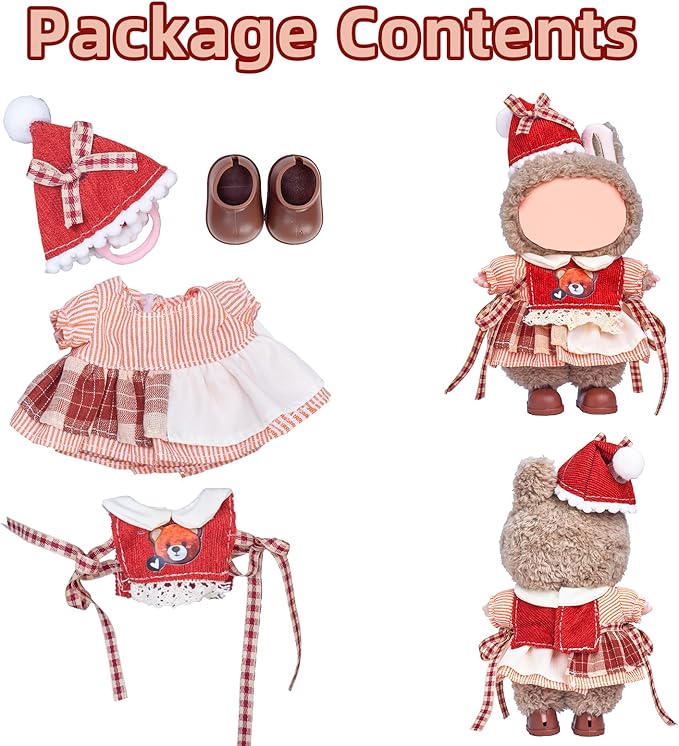 17cm Doll Clothes Set (No Doll), 4 Pieces Outfit Set for 6.7inch Dolls Suit, Fashion Christmas Clothes Accessories Dress-Up,Includes—Christmas Hat + Dress + Bear Vest+ Shoes(Style F)