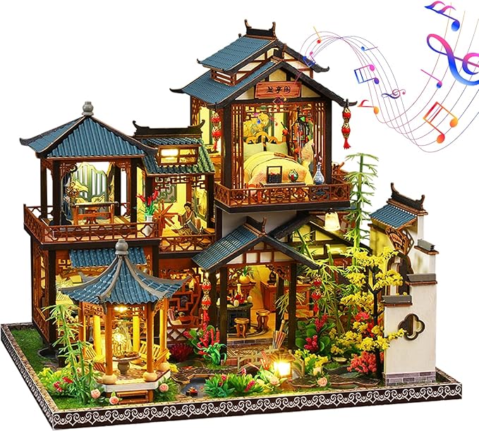 DIY Miniature House Kit: Villa Tiny House Kit with LED Light - DIY Wooden Dollhouse Miniature Kit for Adults Teen, Wooden Crafts Vintage Courtyard Doll House Kit, Great Handmade Crafts Gift