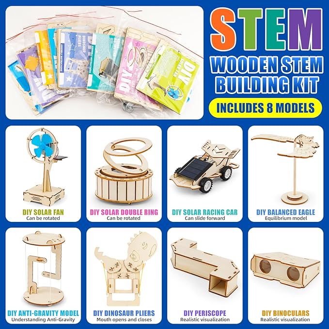 8 in1 STEM Science Kit for Kids Age 8-14, Wooden Physics Experiments & Solar Engineering Kits, Build Solar Car, Anti-Gravity Device, Telescope, Periscope & Dinosaur Claw, Gifts for Boys Girls