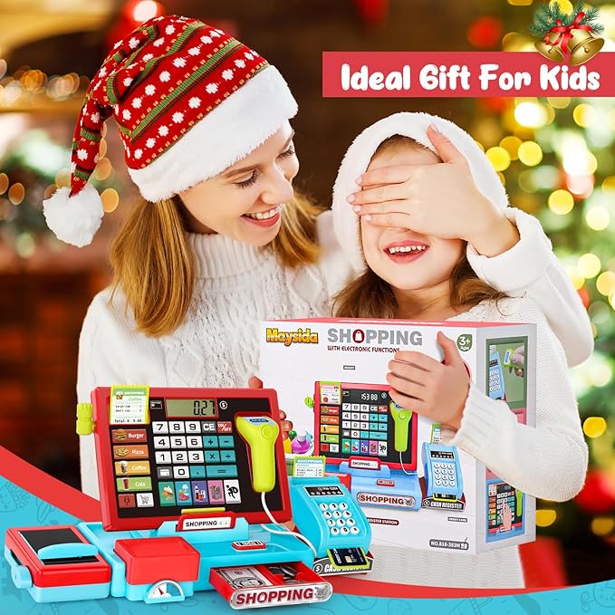 52PCS Toy Cash Register for Kids with Sound Music/Scanner/Microphone/Credit Card/Play Money, Pretend Learning Toy Kids Cash Register, Christmas Birthday Gift for Toddlers Girl Boy Age 3 4 5 6