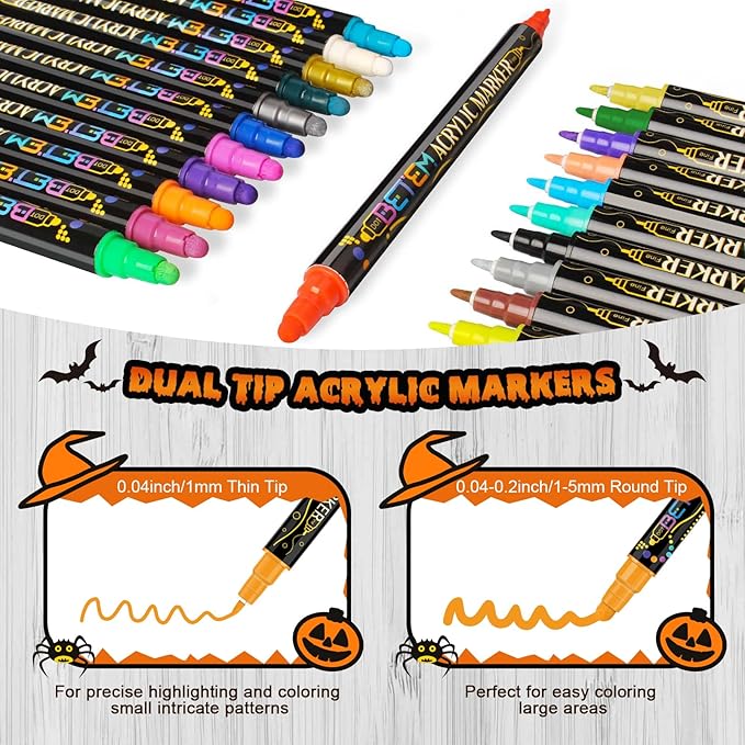 Betem Acrylic Paint Markers Pens, Dual Tip 120 Colors Premium Paint Pens Acrylic Markers for Wood, Fabric, Canvas, Stone, Rock Painting, Glass, Ceramic Surface, DIY Crafts Making Art Supplies with Bag