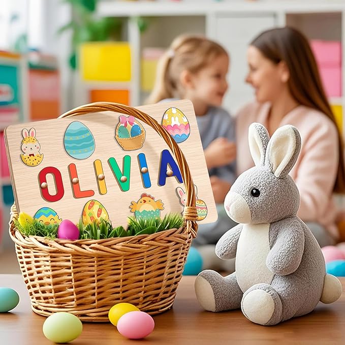 Wooden Name Puzzle for Kids Personalized, 1st Birthday Gifts, Custom Name Puzzle for 1 Year Old, Early Learning Toys for Baby Boy Girl, Personalized Easter Birthday Gifts for Girls Boys Toddler