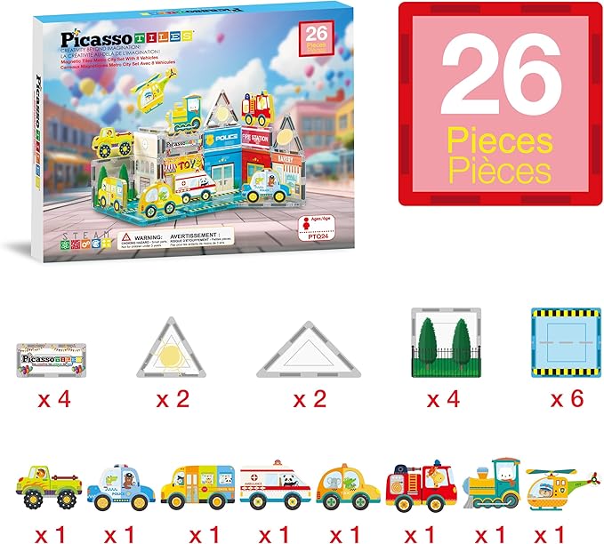 PicassoTiles Magnet Tile Building Blocks Metro City Themed Playset with 8 Character Action Figures Magnetic Tiles STEM Learning Early Education Toy Construction Set Toddlers Boys Girls Ages 3+ PTQ24