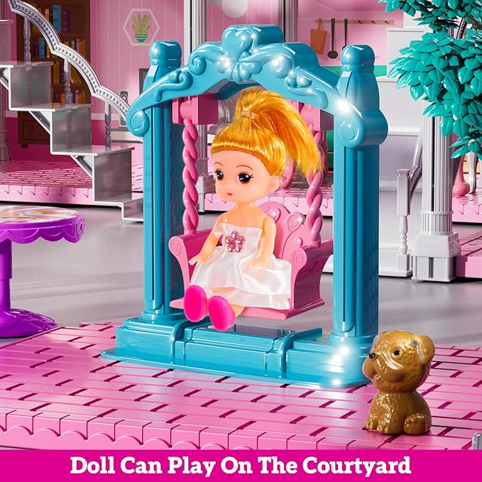 Villa Playset for Girls Ages 3-7, 4-Storey House with 10 Rooms, 2 Dolls, Furniture and Accessories, Indoor Playset Girls Toys for Ages 6-8, Pretend Toddler Toys, Birthday Gifts for Kids 4-8