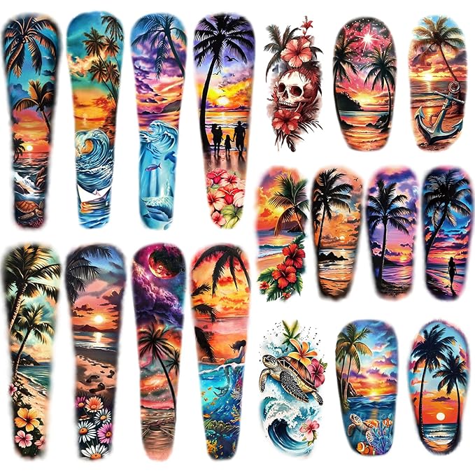 48 Sheets Full Arm Temporary Tattoos for Adults - Waterproof Tropical Summer Beach Party Fake Tattoo Stickers - Hawaiian Floral Palm Sunset Designs for Women Men