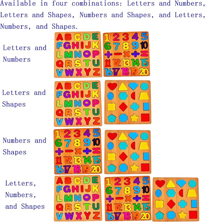 3PCS Wooden Alphabet, Number & Shape Puzzles for Toddlers – Educational Learning Toy (Choose from 3 Combinations) (Alphabet, Number & Shape)