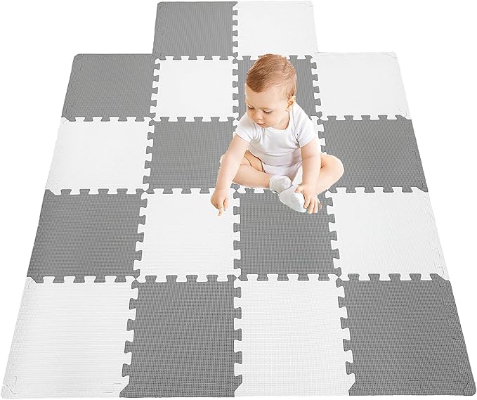 18 Pieces Foam Play Mat, Interlocking Playmat Tiles, Foam Floor Mat Tiles for Kids, Puzzle Play Mats, Exercise Gym Mats – Color of Gray & White with Border
