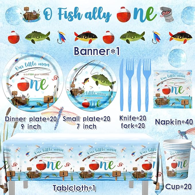 Ofishally One Birthday Decorations,142Pcs Gone Fishing 1st Birthday Party Supplies Our Little Man Is Ofishally Turning Plates Napkins Cups Tablecloth for O Fishally One First birthday Party Supplies