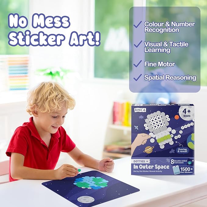 BINCA Dotties Dot Art Activity Kit - Space, 1500+ Stickers, Mess-Free Activities, DIY Dot Sticker Art for Toddlers, Kids Travel Activities, Craft Kits & Gifts for Boys & Girls Ages 4,5,6,7