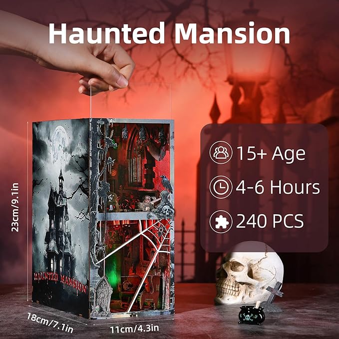 Haunted Horror Book Nook Kit, DIY Miniature Dollhouse Halloween Booknook Kit, Spooky Creepy Scary 3D Wooden Puzzle Bookend Bookshelf Insert Decor with LED Light (Haunted Mansion)