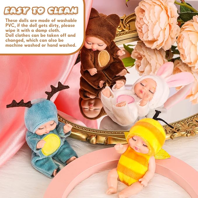 Hanaive 4 Pcs 4 Inch Mini Baby Dolls Lifelike Realistic Baby Dolls Animal Clothes Cute Tiny Gifts for Kids Birthday Party(Cute Style)