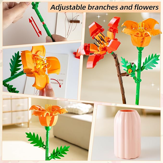 Sawaruita Pretty Pink Flowers Bouquet Building Blocks for Adult,Wildflower Botanical Collection with Vase -Plants Block Toy for Home&Office Decor,Gift for Valentine's Day,Mother's Day,Birthday