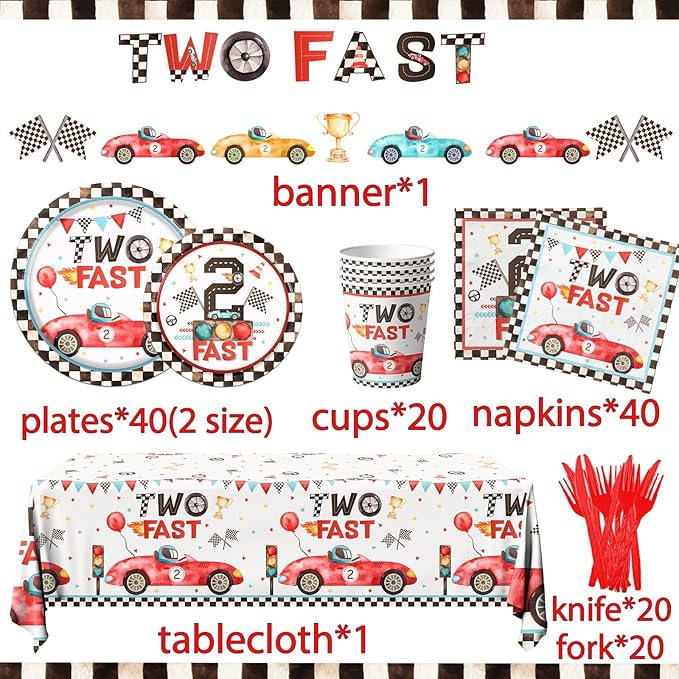 Two Fast Birthday Party Supplies, 142pcs Race Car 2nd Birthday Decorations Tableware Kit Includes Race Car Plates Napkins Tablecloth for Two Years Old Party Baby Shower Decorations Favors for Boys