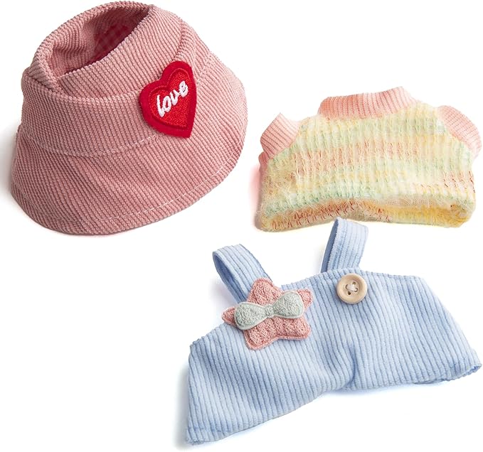 17cm Doll Clothes for Labubu - Kawaii Chic Style Set for 17cm Dolls, Cute Doll Outfit with Accessories - Colorful T-Shirt + Star Light Blue Romper + Heart Shaped Pink Hat (Clothes Only)