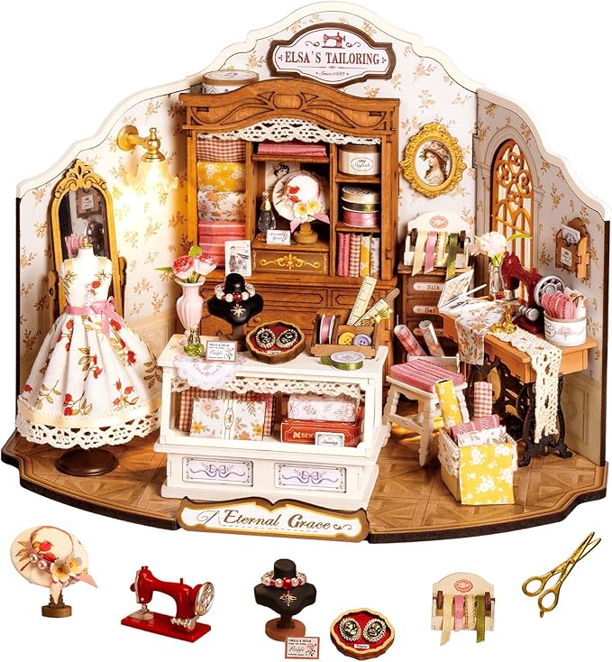 ROBOTIME DIY Miniature House Kit, Elsa’s Tailoring Dollhouse Kit, Mini Wooden Furniture Kit for Adults, Sewing Shop Building Model, Creative Craft Gift for Birthday/Christmas/Hobby Enthusiasts