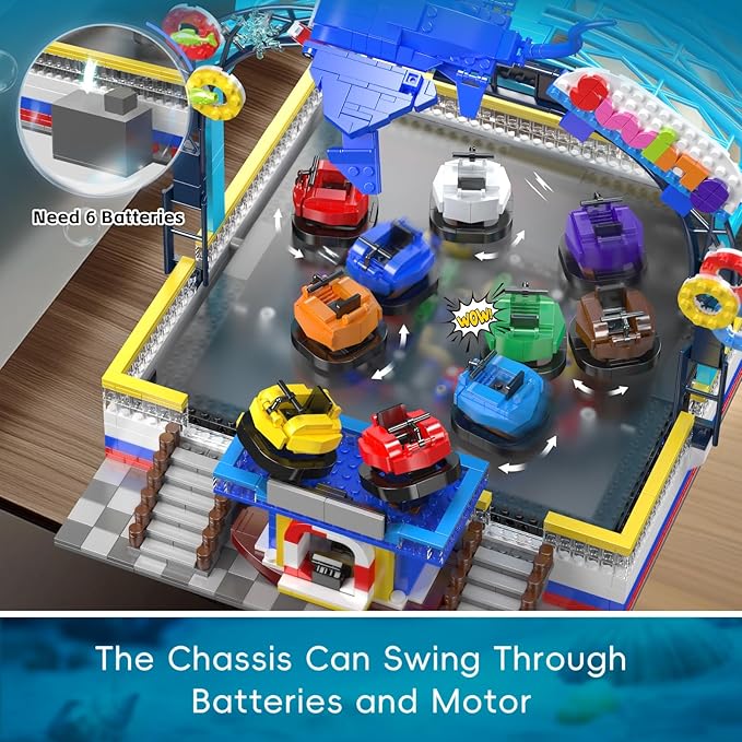 Mould King Bumper Boat Building Blocks Set, 2044+ Pcs Amusement Park Model Kit with Manta Ray Model, Engineering City Building Set That Run, Collectible Gift for Teens, Adults