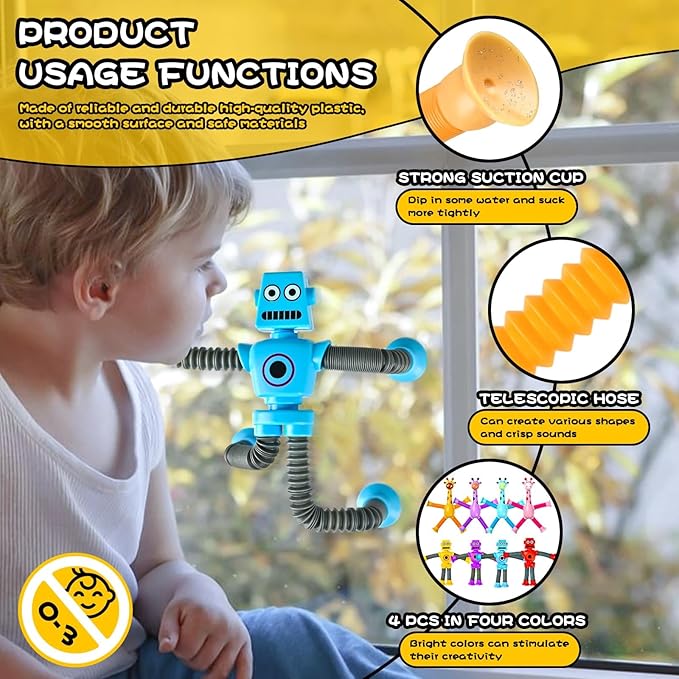 Robot Sensory Travel Toys 4Pcs for Toddlers Kid Boy Year Old Ages 3 4 5 6 7 8 9, Airplane Activities Suction Autism Pop Tube Fidget Toys Autistic Stocking Easter Basket Stuffer Valentine Gift for Kids