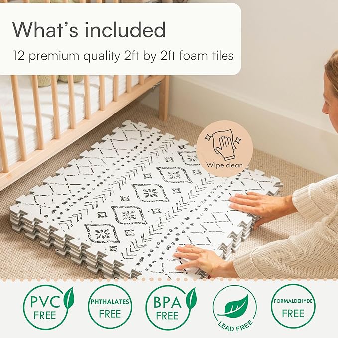 Lillefolk Baby Play Mat for Floor – 6x8ft Boho | Soft Non Toxic Premium EVA Foam Tiles for Tummy Time, Crawling & Playroom – Waterproof Interlocking Floor Mat for Babies & Toddlers (12 Tiles)