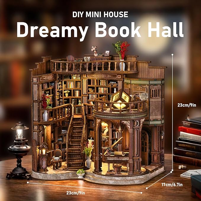 DIY Miniature House Kit, Mini House Building Kit, DIY Book Nook Kit, Tiny Model House for Adults to Build, Beginner 3D Wooden Book Nook, for Family Friends (Book Hall)