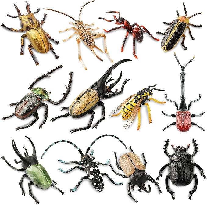 Toymany 12PCS Realistic Insects Figurines Toys - Plastic Bugs Figures Set with Cricket Bee Ant Dung Beetle, Educational Toy Cake Toppers Christmas Birthday Gift for Toddlers Kids