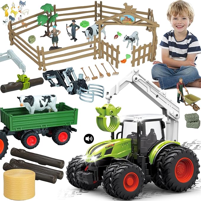 46Pcs Farm Toys, Tractor Toy w/Lights & Sound, Animals Toys for 3 4 5 6 7 8+ Year Old Toddler Girls Boys Kid, Figures Farmer Vehicle Truck Fence Playset Educational Learning Toys