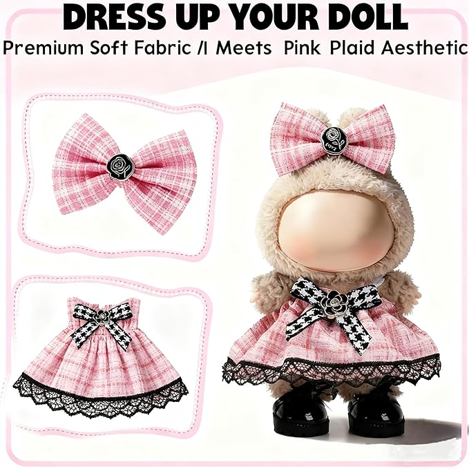 Clothes for LABUBU 17cm Doll (NO Doll)（NO Shoes, Outfit for LABUBU, Dress and Hairpin Set for LABUBU Dress Up, Fashion and Premium Dolls Accessories for LABUBU (Style L)