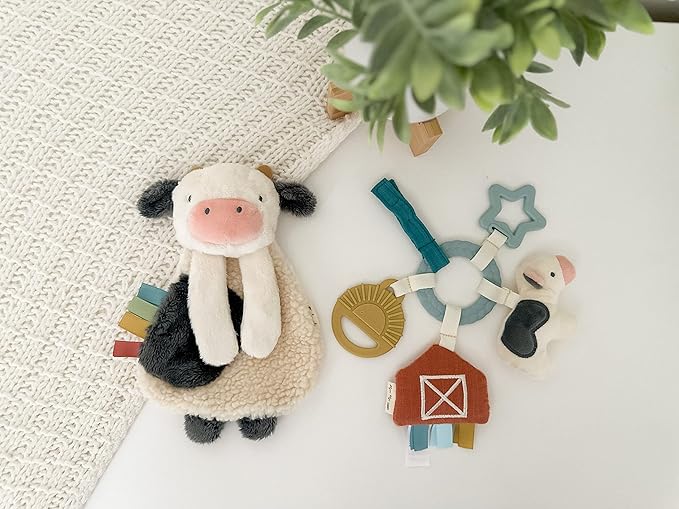 Itzy Ritzy Farm Toy Gift Set - Includes Cow Lovey & Farm-Themed Busy Ring Car Seat and Stroller Toy - Features Crinkle Sounds, Engaging Textures & Silicone Teething Relief (Farm)