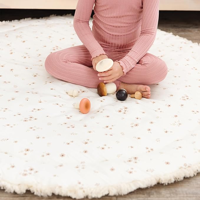 MakeMake Organics Organic Play Mat GOTS Certified Organic Cotton Nursery Floor Rug Washable Reversible Non Toxic Activity Mat Tummy Time Crawling Pad Thick Quilted (Round 48", Bloom + Solid Oat)
