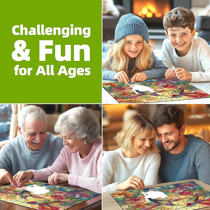 Stained Glass Flower Hummingbird Puzzles for Adults 500 Pieces - Colorful Mosaic Jigsaw Puzzle & Family Fun - Challenging & Unique with Letters on Back Puzzle- 20x20 Inches