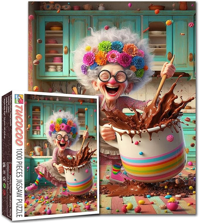 Granny Baking Jigsaw Puzzles for Adults Colorful Kitchen Chaos 1000 Pieces Puzzles for Challenging Family Activity Games Chocolate Splash Art Jigsaw Puzzle DIY Craft Puzzles Home Decor 20x27 Inches