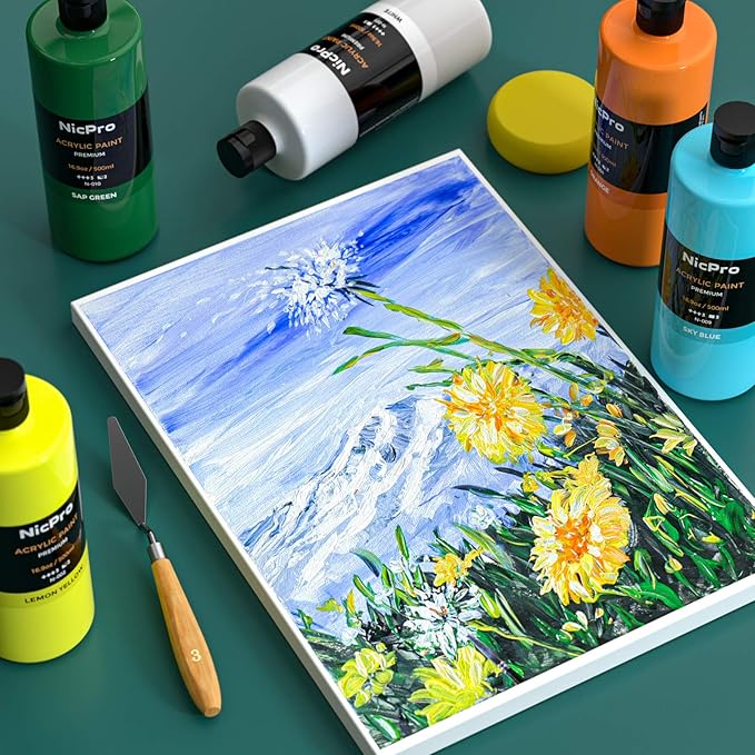 Nicpro 14 Colors Large Bulk Acrylic Paint Set (16.9 oz,500 ml) Rich Art Painting Supplies, Non Toxic for Multi Surface Pumpkin Canvas Wood Ceramic Leather Fabric Craft, for Kids Adult with Color Wheel