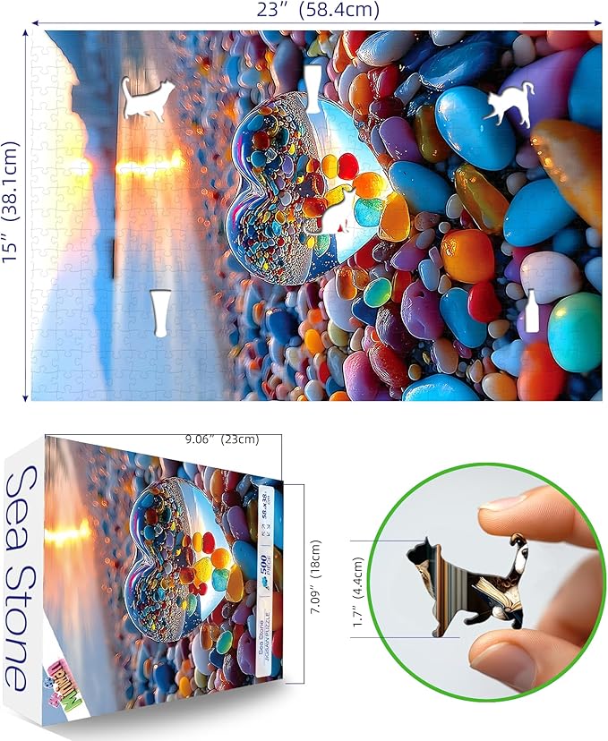 500 Piece Jigsaw Puzzle for Adults Sunset Beach Scene Colorful Heart-Shaped Pebbles ibrant Ocean View Relaxing Coastal Landscape Challenging Puzzle for Puzzle Lovers (23"x15")