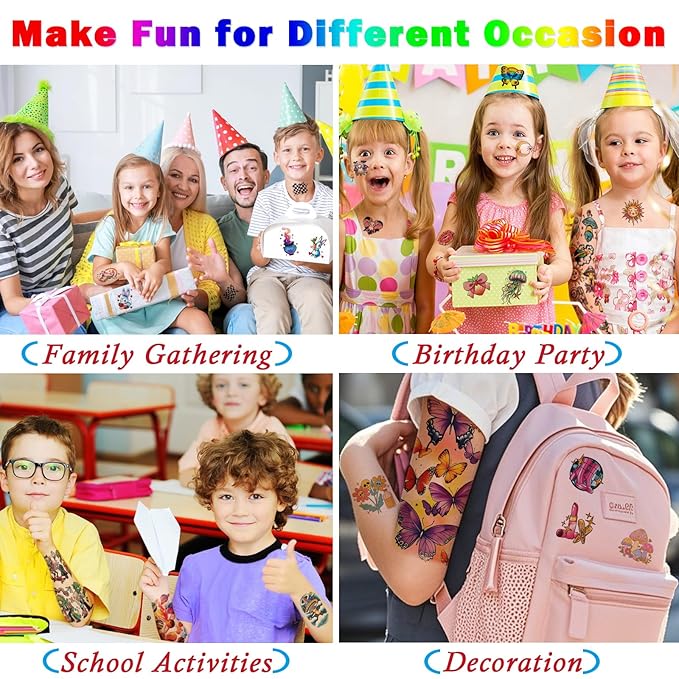 52 Pcs Temporary Tattoo for Kids Full Arm Mermaid Butterfly Cat Truck Dinosaur Rocket Planet Cute Animal Body Face Fake Arm Tattoos for Girls Boys Tiny Tattoo Stickers Birthday Gifts Party Supplies