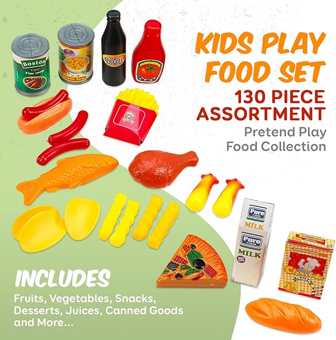 MEDca Kids Play Food Set - 130 Piece Pretend Play Collection - Assorted Fake Food Set Includes Fruits, Vegetables, Snacks, Dessert, Juices, Canned Goods and More for Boys and Girls