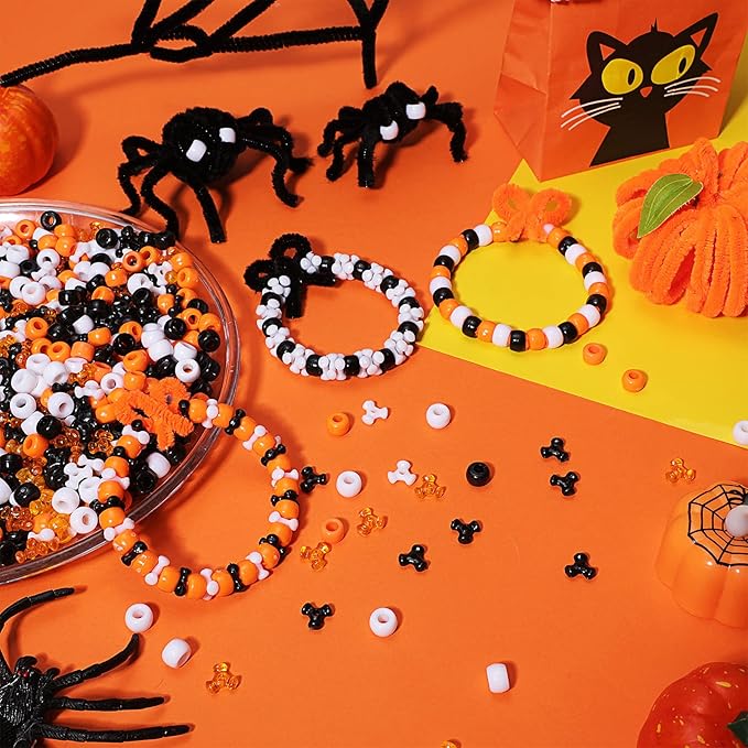 Hicarer 1250 Pieces Halloween Pony Beads DIY Kit Including 600 Pieces Halloween Crafts Pony 600 Pcs TRI Beads 50 Pcs Chenille Stems for Decor