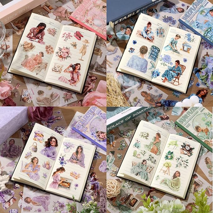 4 Book for Girls Scrapbooking Stickers Pre-Cut 480 washi Stickers PET People Sticker Books for journaling Scrapbook Supplies Transparent Sticker for journaling