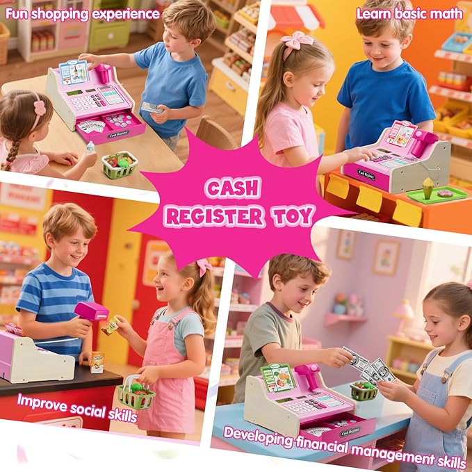 Wooden Cash Register for Kids with Real Calculator, Rechargeable Cash Register Toy with Scanner/Play Money/Food/Credit Card/Menu, Pretend Play Toys Gifts for Boys Girls Ages 3-8,Color