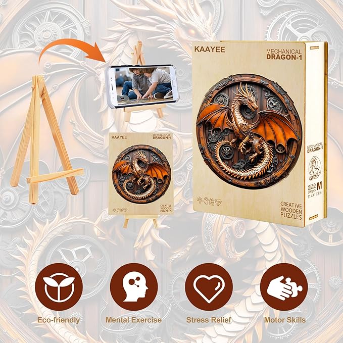 KAAYEE Wooden Puzzles for Adults, 3D Vision Mechanical Dragon Wooden Jigsaw Puzzles, Unique Shape Advanced Wood Puzzle Adult, Birthday Fathers Family Games (L-13.4 * 13.3in-300pcs)