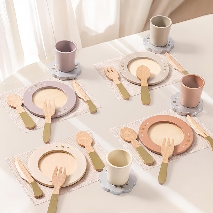 ROBOTIME Play Kitchen Dishes Set, 29PCS Wooden Toddler Plates and Dishes for Boys Girls Gifts