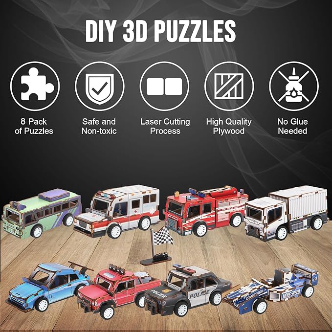8 Pack 3D Wooden Puzzle STEM Model Car Kits, Science Kits for Young Engineer, 3D Puzzles for Kids Ages 4-12, Educational Wooden Craft Gifts for Boys & Girls