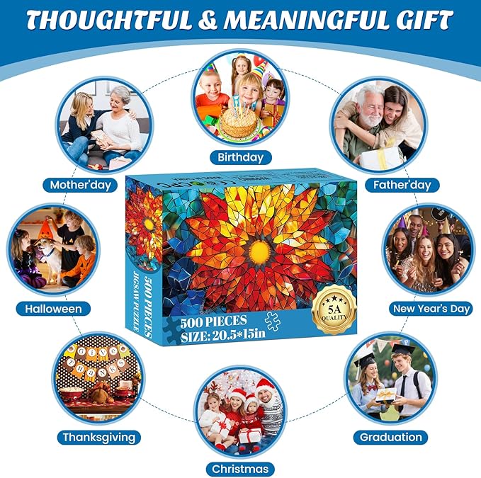 Puzzles for Adults 500 Pieces - Challenging Flower of Life Stained Glass Puzzle, Crystal Puzzle for Adults, Impossible Cool Mosaic Puzzles for Teens 12-16, Perfect for Game Nights 20.5X 15in