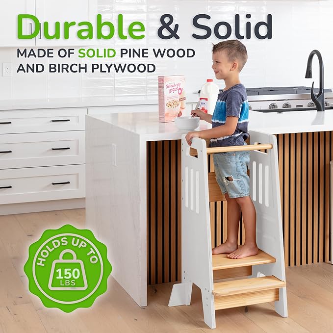 OCODILE Toddler Tower with a Sliding Door and 3 Adjustable Heights - Complete Toddler Kitchen Stool Helper with Support Feet - Safe Design for 18+ Months to 6-Year-Old Kids - White
