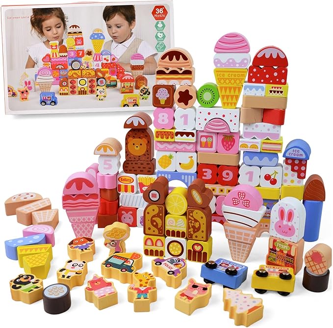 Vileafy Wooden Ice Cream Toy for 3 Year Old Birthday Gift– 116PCS Montessori Building Blocks for Toddlers – Pink Pretend Play Set & Stacking Toys for Girls Quiet Time & Family Play