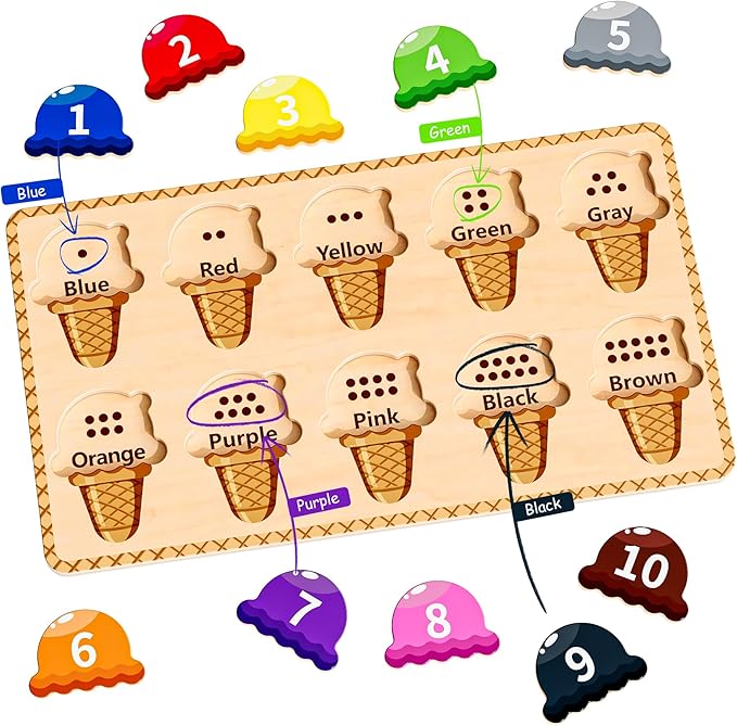 Wooden Puzzles for Toddlers,Montessori Toys,Preschool Learning Activities,Peg Puzzle with Ice Cream Shape and Color Number Matching Educational Toys
