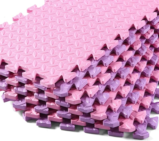 Foam Floor Mats for Kids, 12 x 12 Inch 16 Tiles 0.4" Thickness Foam Play Mat, Non-Toxic Square Interlocking Floor Mats Rubber Baby Play Mat for Toddlers(Pink/Purple)