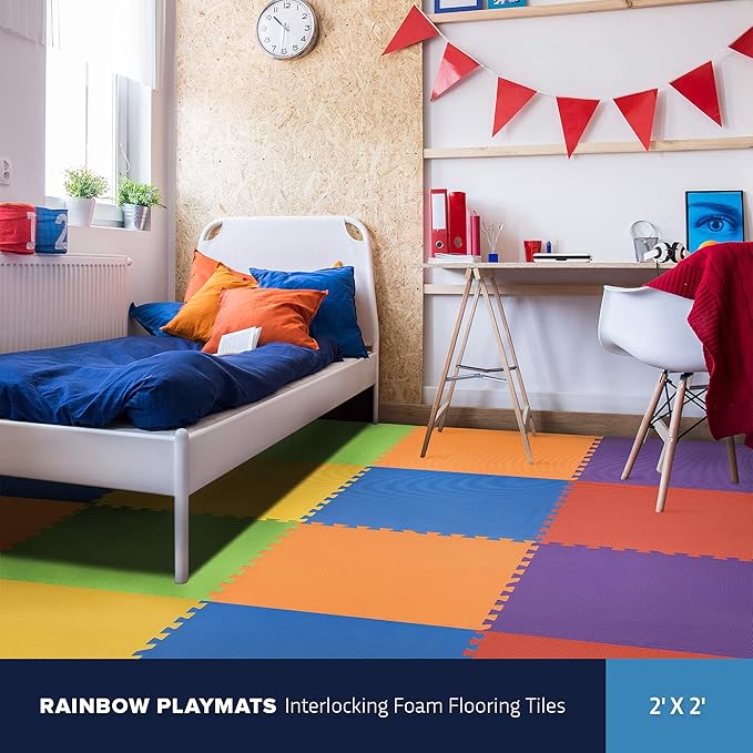 FlooringInc's Rainbow & Natural Harmony Playmat - Kid Safe Foam Floor Tiles with Removable Edges - 2'x2', 1/2" Thick (Rainbow, 12 Tile Pack)